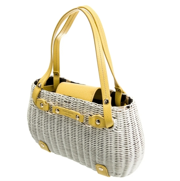 Kate Spade White Wicker Yellow Leather Trim Lined Bag